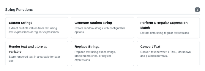 Extract Strings, Replace Strings, and Convert Text in the workflow action selector.