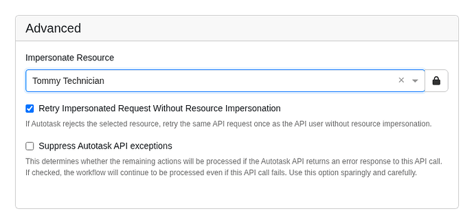 The Advanced section of an Autotask direct API action with Tommy Technician selected and fallback enabled.